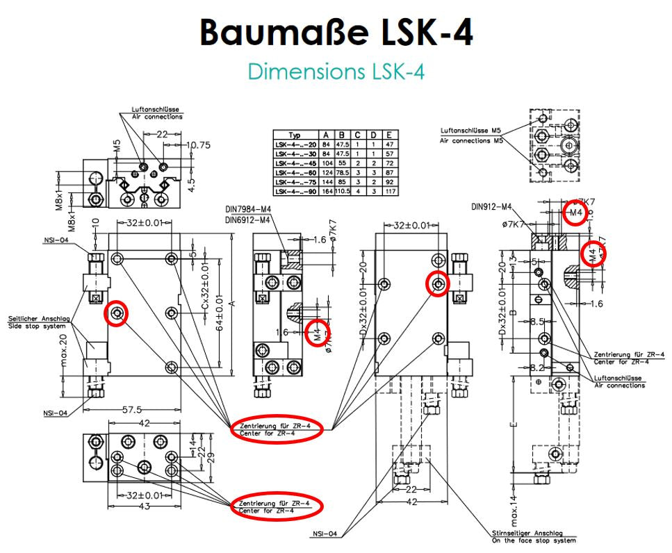 Zeichnung Zentrierbohrungen bei Linearschlitten LSK-4